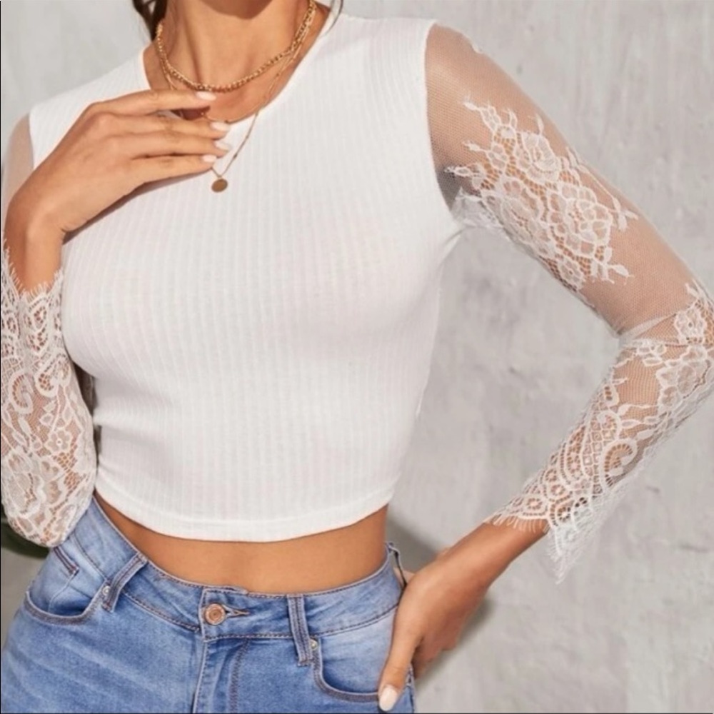 Boho Lace Sheer Mesh Tie Back Long Sleeves Crop Top White - Picture 3 of 9